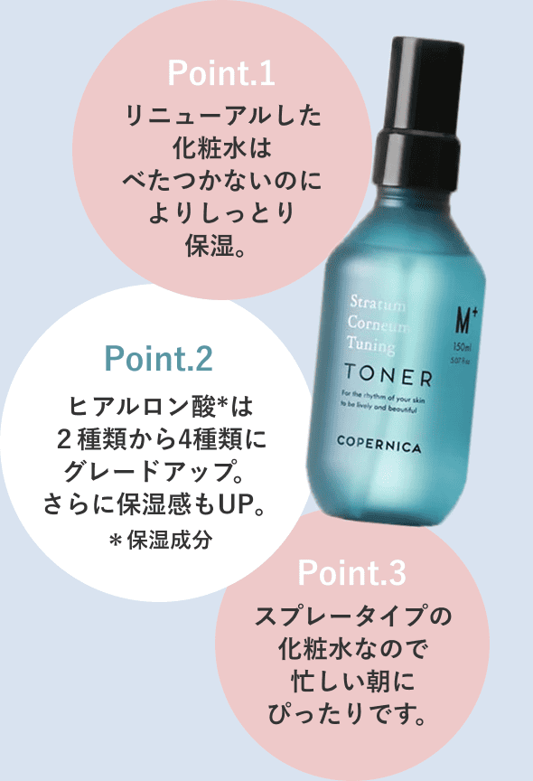 Point.1 リニューアルした化粧水はべたつかないのによりしっとり保湿。 Point.2 ヒアルロン酸*は２種類から4種類にグレードアップ。さらに保湿感もUP。＊保湿成分 Point.3 スプレータイプの化粧水なので忙しい朝にぴったりです。 SP画像