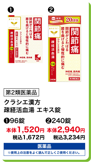 第2類医薬品 クラシエ漢方 疎経活血湯 エキス錠 (1)96錠 本体1,520円 税込1,672円 (2)240錠 本体2,940円 税込3,234円