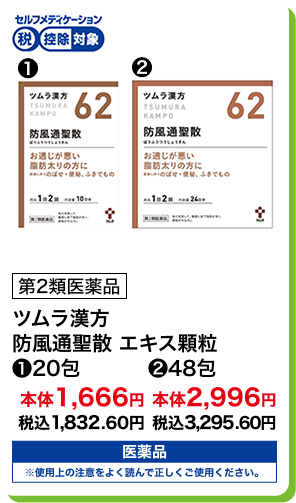 第2類医薬品 ツムラ漢方 防風通聖散 エキス顆粒 (1)20包 本体1,666円 税込1,832.60円 (2)48包 本体2,996円 税込3,295.60円