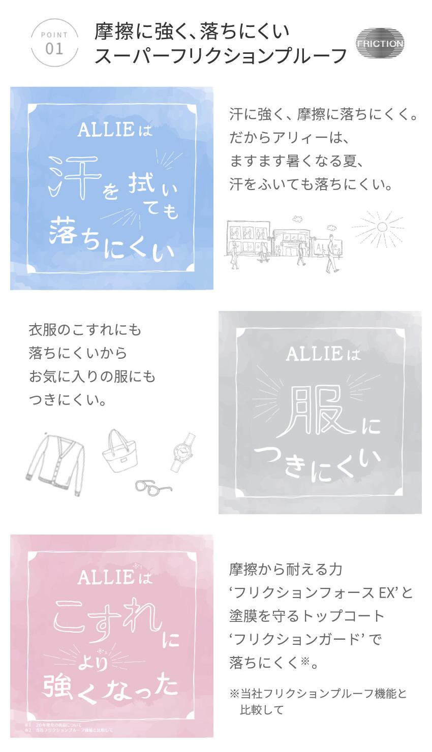 POINT 01 摩擦に強く、落ちにくいスーパーフリクションプルーフ FRICTION　ALLIEは汗を拭いても落ちにくい　汗に強く、摩擦に落ちにくく。だからアリィーは、ますます暑くなる夏、汗をふいても落ちにくい。　ALLIEは服につきにくい　衣服のこすれにも落ちにくいからお気に入りの服にもつきにくい。　ALLIEはこすれにより強くなった　摩擦から耐える力'フリクションフォースEX'と塗膜を守るトップコート'フリクションガード'で落ちにくく※。 ※当社フリクションプルーフ機能と比較して