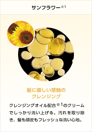 サンフラワー※1　髪に優しい感触のクレンジング　クレジングオイル配合※1のクリームでしっかり洗い上げる。汚れを取り除き、髪も頭皮もフレッシュな洗い心地。