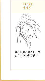 STEP1 すすぐ　髪と地肌を濡らし、頭皮をしっかりすすぐ