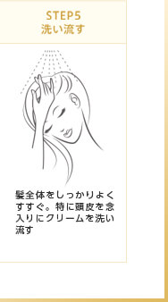 STEP5 洗い流す　髪全体をしっかりよくすすぐ。特に頭皮を念入りにクリームを洗い流す