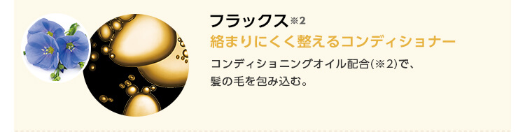 フラックス※2　絡まりにくく整えるコンディショナー　コンディショニングオイル配合※2で、髪の毛を包み込む。