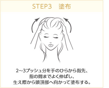 STEP3 塗布　2〜3プッシュ分を手のひらから指先、指の間までよく伸ばし、生え際から頭頂部へ向かって塗布する