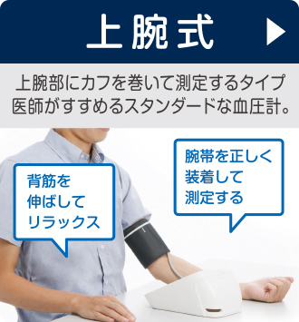 上腕式 上腕部にカフを巻いて測定するタイプ 医師がすすめるスタンダードな血圧計。