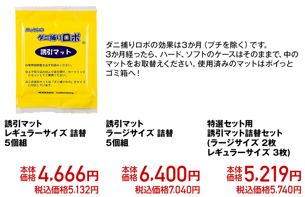 ダニ捕りロボの効果は3か月(プチを除く)です。3か月経ったら、ハード、ソフトのケースはそのままで、中のマットをお取替えください。使用済みのマットはポイっとゴミ箱へ！