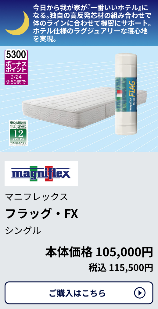 5,300ボーナスポイント 9/24 9:59まで マニフレックス フラッグ・FX シングル 本体価格105,000円 税込115,500円 ご購入はこちらから