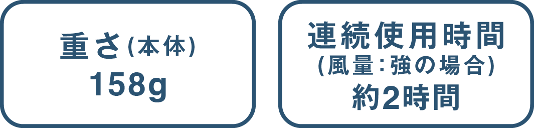 重さ(本体)158g 連続使用時間(風量：強の場合)約2時間