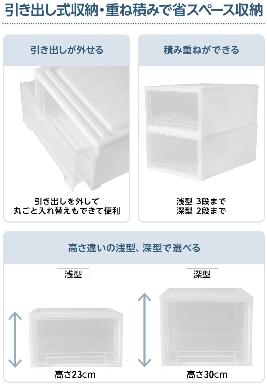 引き出し式収納・重ね積みで省スペース収納 引き出しが外せる 引き出しを外して丸ごと入れ替えもできて便利 積み重ねができる 浅型3段まで深型2段まで 高さ違いの浅型、深型で選べる 浅型高さ23cm 深型高さ30cm