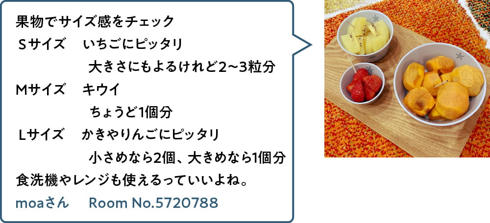 果物でサイズ感をチェック Ｓサイズ　いちごにピッタリ 大きさにもよるけれど2〜3粒分 Mサイズ　キウイ ちょうど1個分 Ｌサイズ　かきやりんごにピッタリ 小さめなら2個、大きめなら1個分 食洗機やレンジも使えるっていいよね。 moaさん Room No.5720788