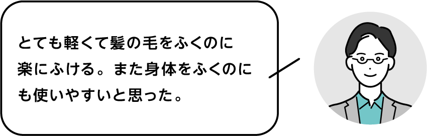 とても軽くて髪の毛をふくのに楽にふける。また身体をふくのにも使いやすいと思った。