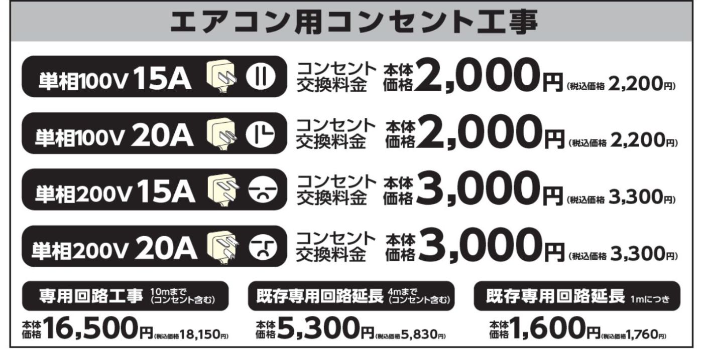 エアコン用コンセント工事料金表