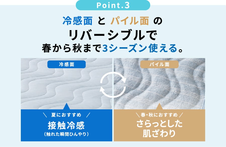 Point.3 冷感面とパイル面のリバーシブルで春から秋まで3シーズン使える。