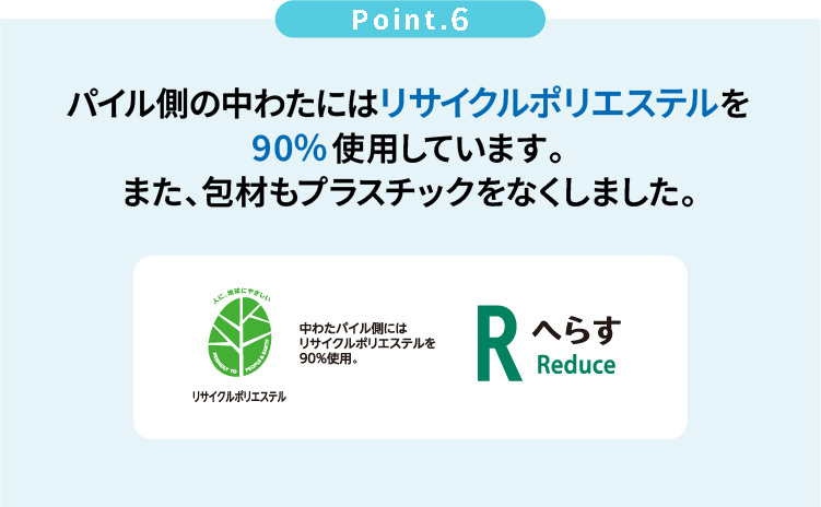 Point.6 パイル側の中わたにはリサイクルポリエステルを90％使用しています。また、包材もプラスチックをなくしました。