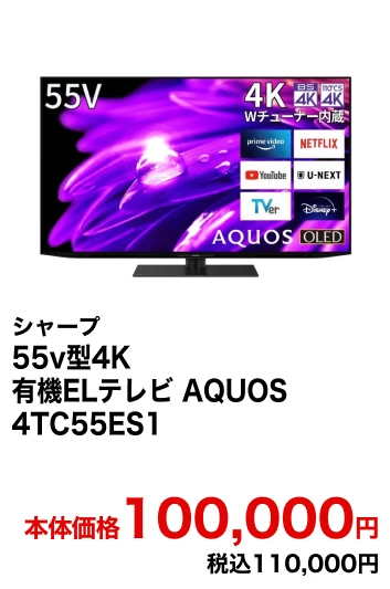 シャープ 55v型4K有機ELテレビ AQUOS 4TC55ES1【玄関先お届け商品】 本体価格100,000円 税込110,000円