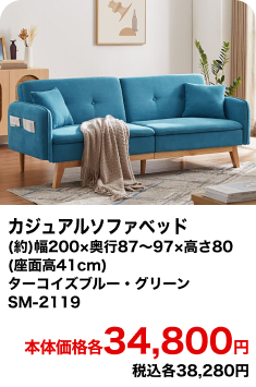 カジュアルソファベッド (約)幅200×奥行87～97×高さ80 (座面高41cm) ターコイズブルー・グリーン SM-2119 本体価格各34,800円 税込各38,280円