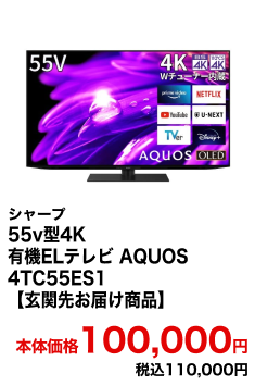 シャープ 55v型4K 有機ELテレビ AQUOS 4TC55ES1【玄関先お届け商品】 本体価格100,000円 税込110,000円