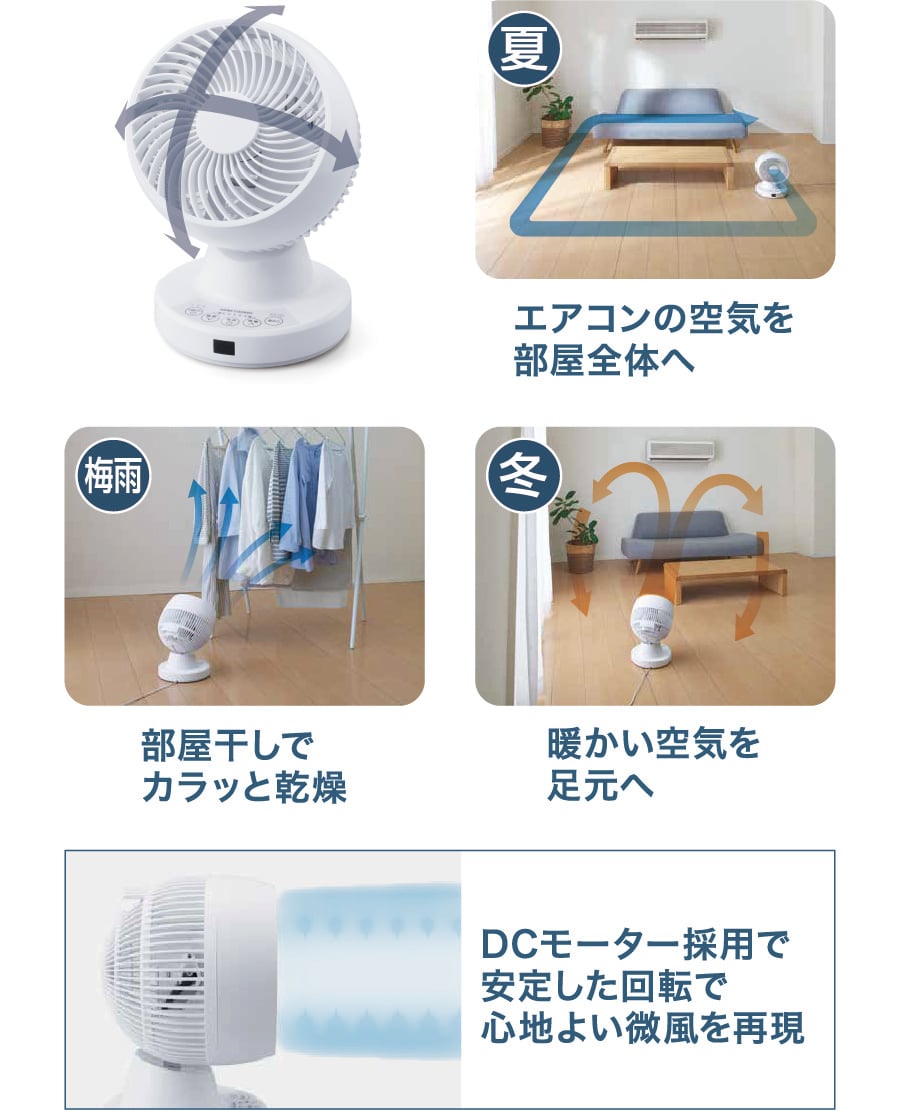 夏 エアコンの空気を部屋全体へ 梅雨 部屋干しでカラッと乾燥 冬 暖かい空気を足元へ DCモーター採用で安定した回転で心地よい微風を再現