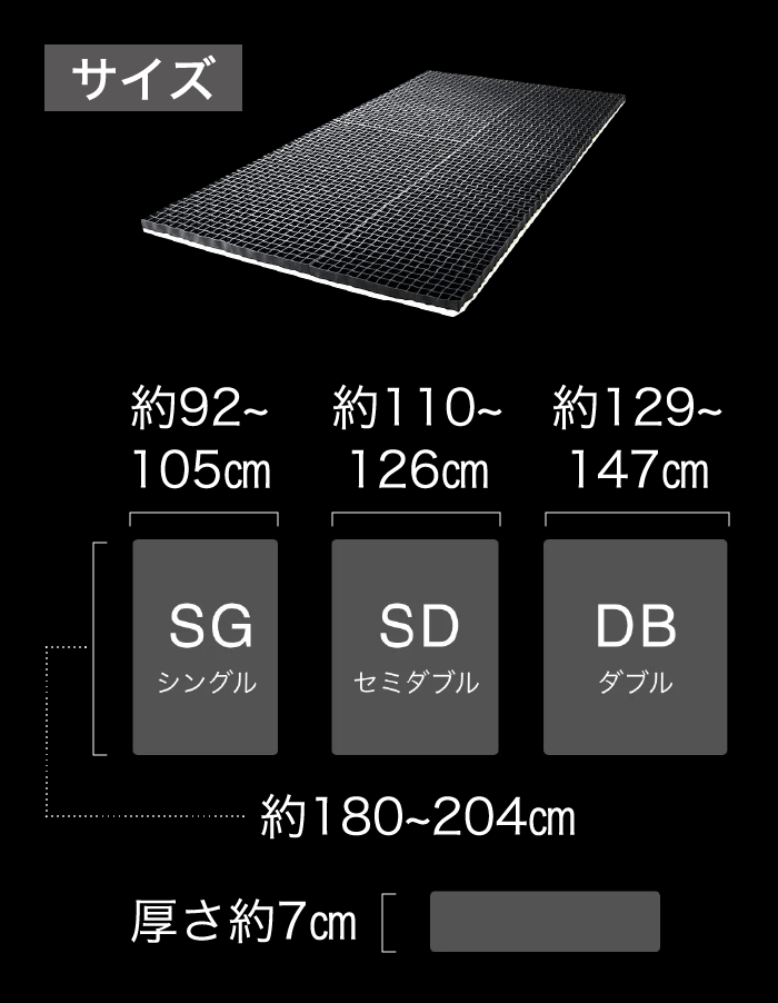 サイズ シングル 約180〜204cm×約92〜105cm セミダブル 約180〜204cm×約110〜126cm ダブル 約180〜204cm×約129〜147cm 厚さ 約7cm