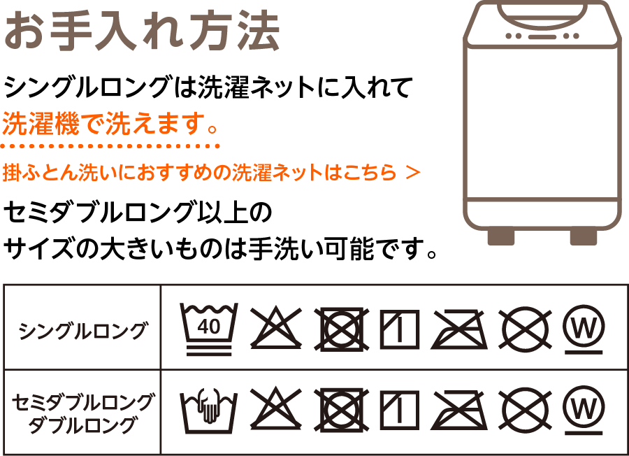 お手入れ方法 シングルロングは洗濯ネットに入れて洗濯機で洗えます。 掛ふとん洗いにおすすめの洗濯ネットはこちら セミダブルロング以上のサイズの大きいものは手洗い可能です。