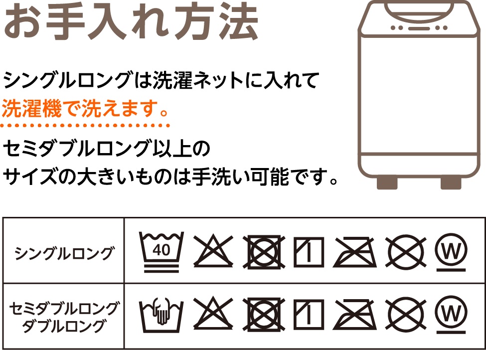 お手入れ方法 シングルロングは洗濯ネットに入れて洗濯機で洗えます。セミダブルロング以上のサイズの大きいものは手洗い可能です。