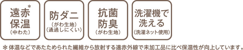 遠赤保温＊(中わた) 防ダニ(がわ生地)(通過しにくい) 抗菌防臭(がわ生地) 洗濯機で洗える(洗濯ネット使用) ＊体温などであたためられた繊維から放射する遠赤外線で未加工品に比べ保温性が向上しています。