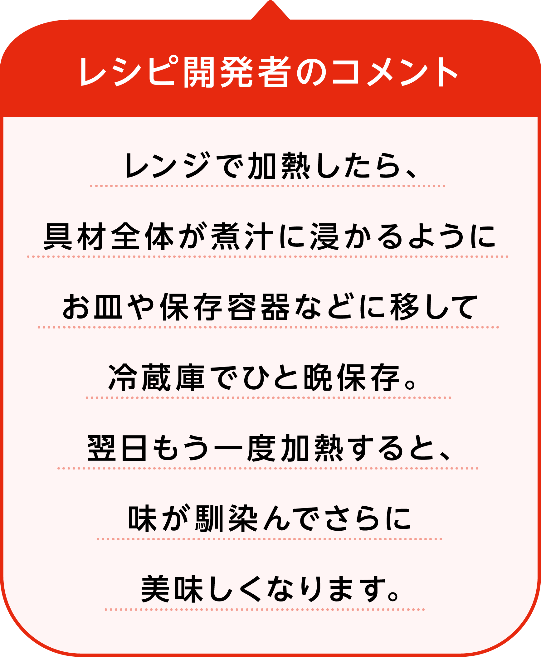 レシピ開発者のコメント レンジで加熱したら、具材全体が煮汁に浸かるようにお皿や保存容器などに移して冷蔵庫でひと晩保存。翌日もう一度加熱すると、味が馴染んでさらに美味しくなります。
