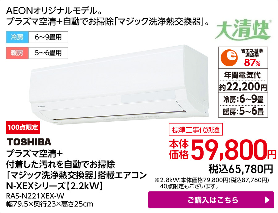TOSHIBA プラズマ空清＋付着した汚れを自動でお掃除「マジック洗浄熱交換器」搭載エアコンN-XEXシリーズ【2.2kW】RAS-N221XEX-W 幅79.5×奥行23×高さ25cm ご購入はこちら