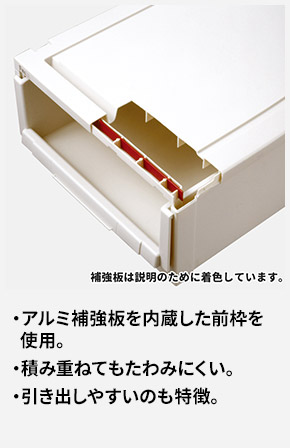 アルミ補強板を内蔵した前枠を使用。 積み重ねてもたわみにくい。 引き出しやすいのも特徴。