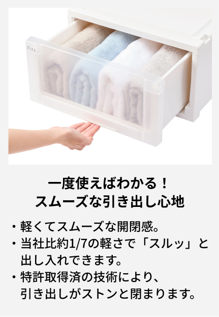 軽くてスムーズな開閉感。 当社比約1/7の軽さで「スルッ」と出し入れできます。 特許取得済の技術により、引き出しがストンと閉まります。