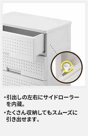 引出しの左右にサイドローラーを内蔵。 たくさん収納してもスムーズに引き出せます。