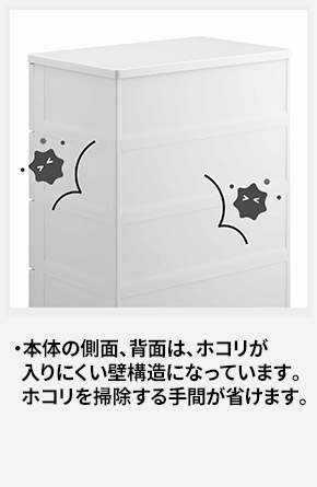 本体の側面、背面は、ホコリが入りにくい壁構造になっています。ホコリを掃除する手間が省けます。