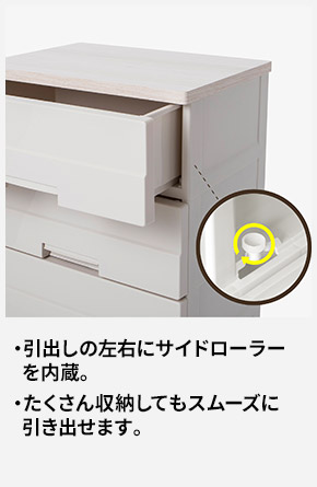 引出しの左右にサイドローラーを内蔵。 たくさん収納してもスムーズに引き出せます。