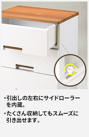 引出しの左右にサイドローラーを内蔵。 たくさん収納してもスムーズに引き出せます。