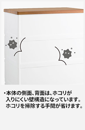 本体の側面、背面は、ホコリが入りにくい壁構造になっています。 ホコリを掃除する手間が省けます。