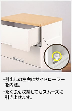 引出しの左右にサイドローラーを内蔵。 たくさん収納してもスムーズに引き出せます。