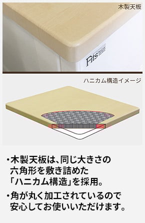 木製天板は、同じ大きさの六角形を敷き詰めた「ハニカム構造」を採用。 角が丸く加工されているので安心してお使いいただけます。