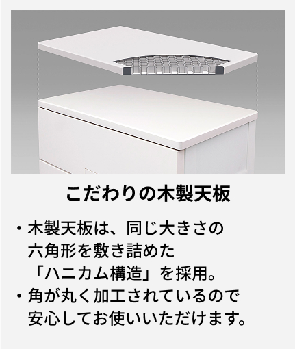 木製天板は、同じ大きさの六角形を敷き詰めた「ハニカム構造」を採用。 角が丸く加工されているので安心してお使いいただけます。