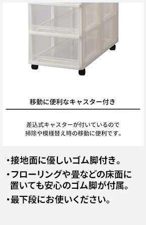 接地面に優しいゴム脚付き。 フローリングや畳などの床面に置いても安心のゴム脚が付属。 最下段にお使いください。