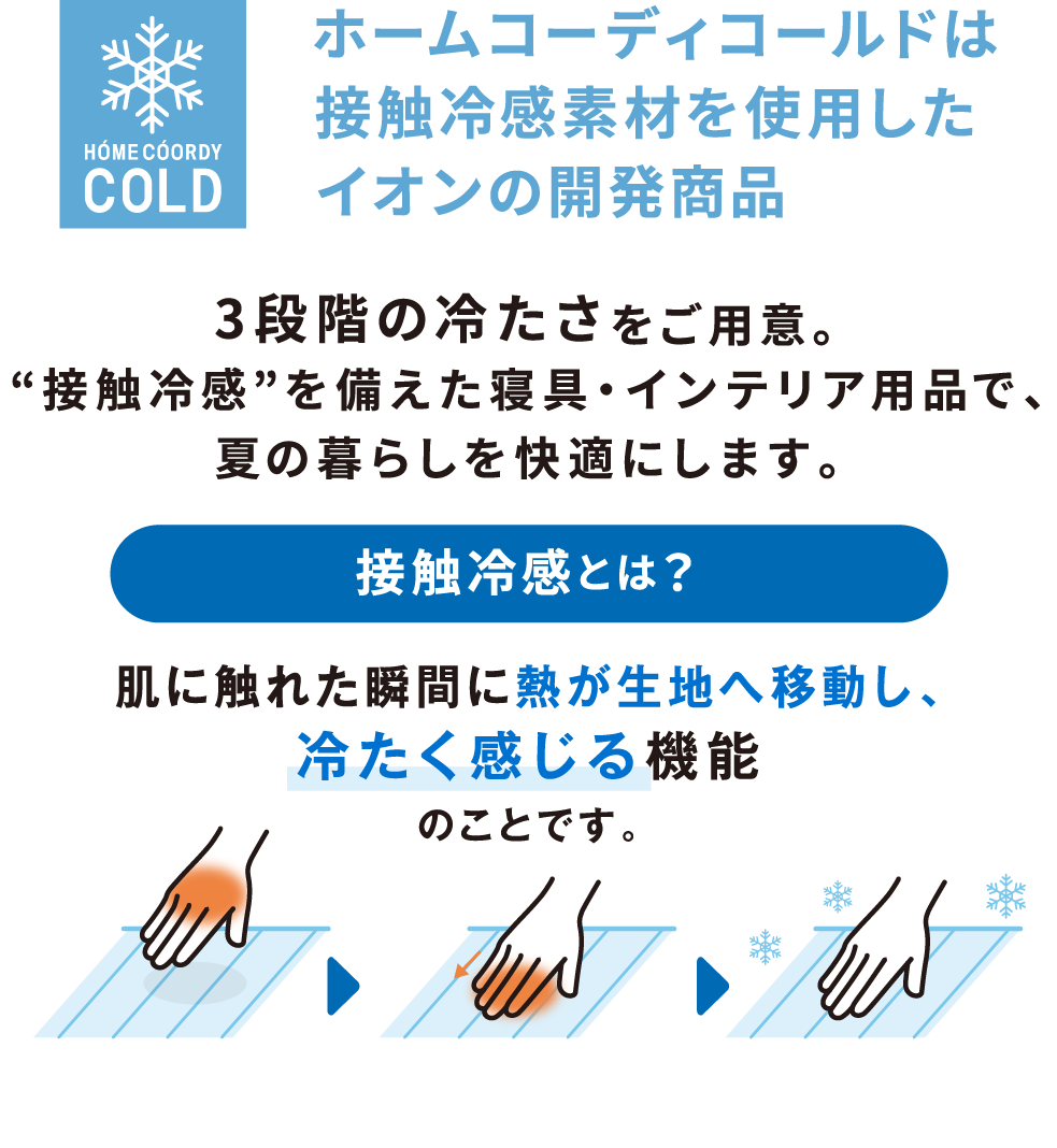 ホームコーディコールドは接触冷感素材を使用したイオンの開発商品 3段階の冷たさをご用意。接触冷感を備えた寝具・インテリア用品で、夏の暮らしを快適にします。 接触冷感とは？ 肌に触れた瞬間に熱が生地へ移動し、冷たく感じる機能のことです。