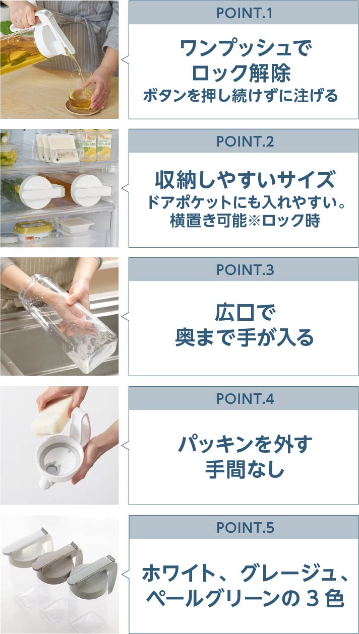POINT.1 ワンプッシュでロック解除ボタンを押し続けずに注げる POINT.2 収納しやすいサイズドアポケットにも入れやすい。横置き可能※ロック時 POINT.3 広口で奥まで手が入る POINT.4 パッキンを外す手間なし POINT.5 ホワイト、グレージュ、ペールグリーンの3色