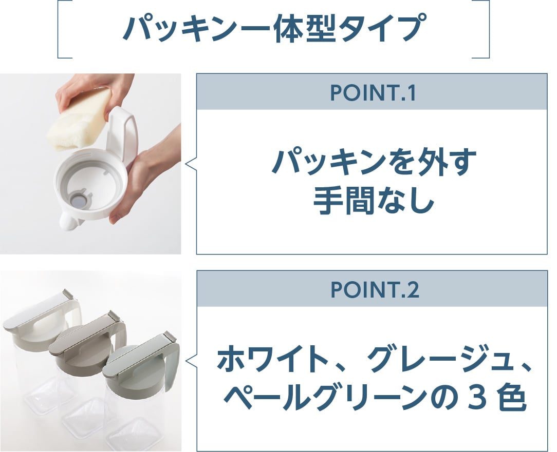 パッキン一体型タイプ POINT.1 パッキンを外す手間なし POINT.2 ホワイト、グレージュ、ペールグリーンの3色