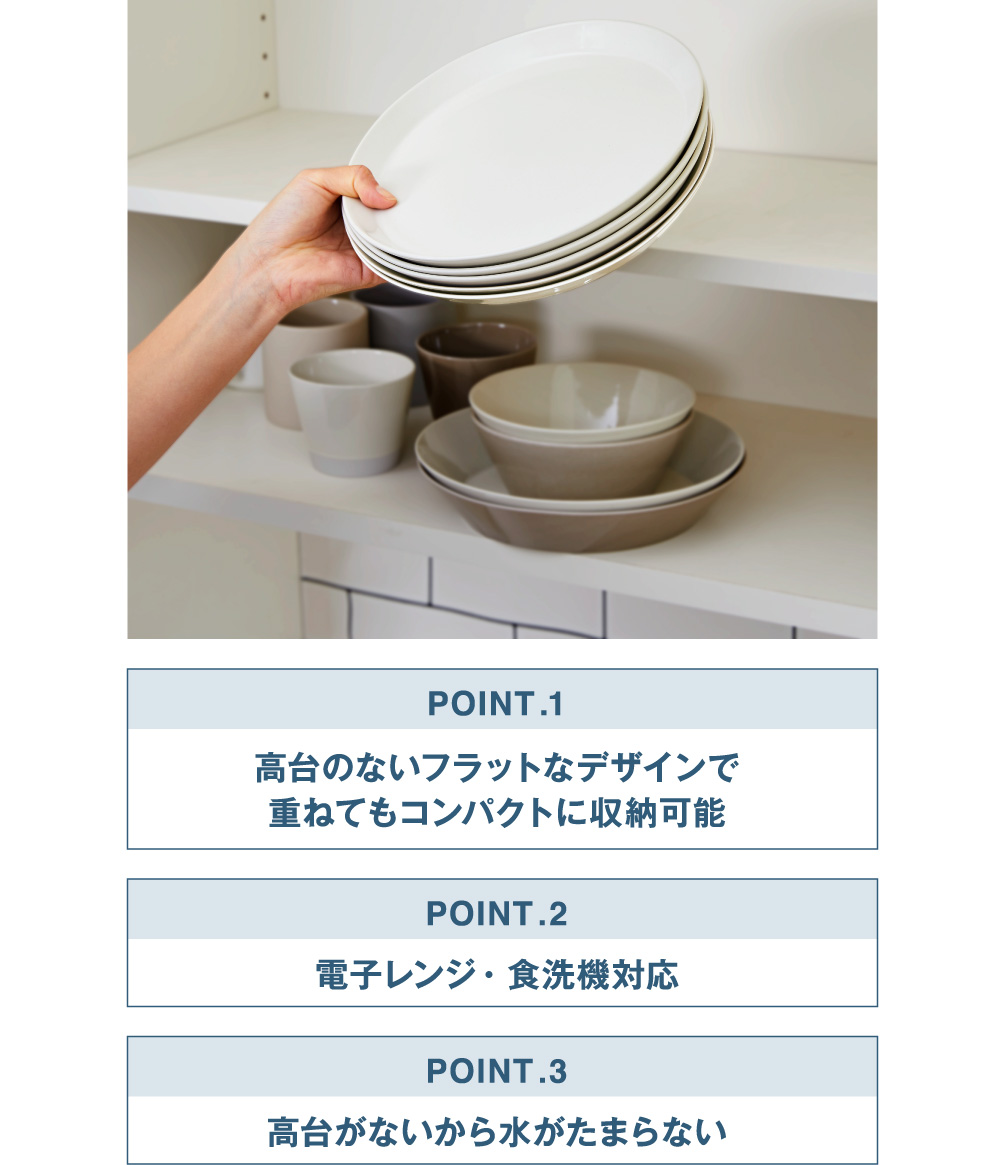 POINT.1 高台のないフラットなデザインで重ねてもコンパクトに収納可能 POINT.2 電子レンジ・食洗機対応 POINT.3 高台がないから水がたまらない