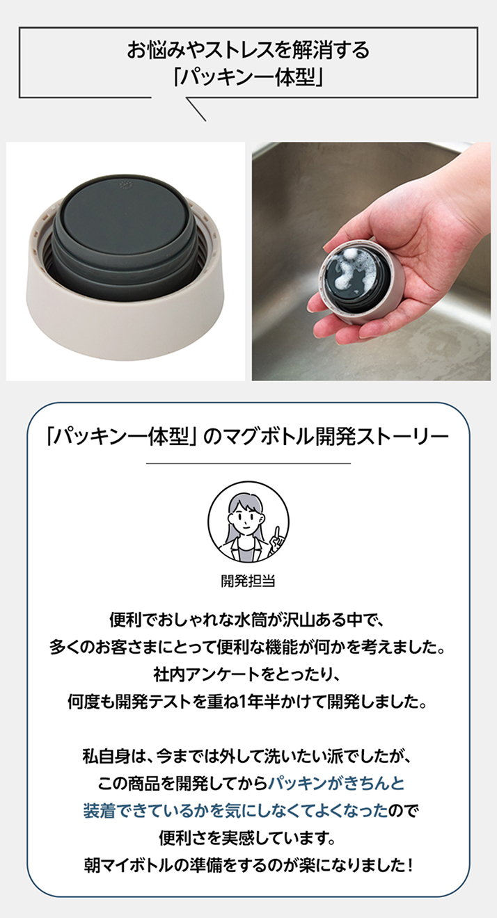 お悩みやストレスを解消する「パッキン一体型」 「パッキン一体型」のマグボトル開発ストーリー 開発担当 便利でおしゃれな水筒が沢山ある中で、多くのお客さまにとって便利な機能が何かを考えました。社内アンケートをとったり、何度も開発テストを重ね1年半かけて開発しました。私自身、パッキンは外して洗いたい派でしたが、この商品を開発してからパッキンがきちんと装着できているかを気にしなくてよくなったので便利さを実感しています。朝マイボトルの準備をするのが楽になりました。