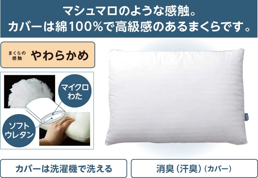 マシュマロのような感触。カバーは綿100％で高級感のあるまくらです。