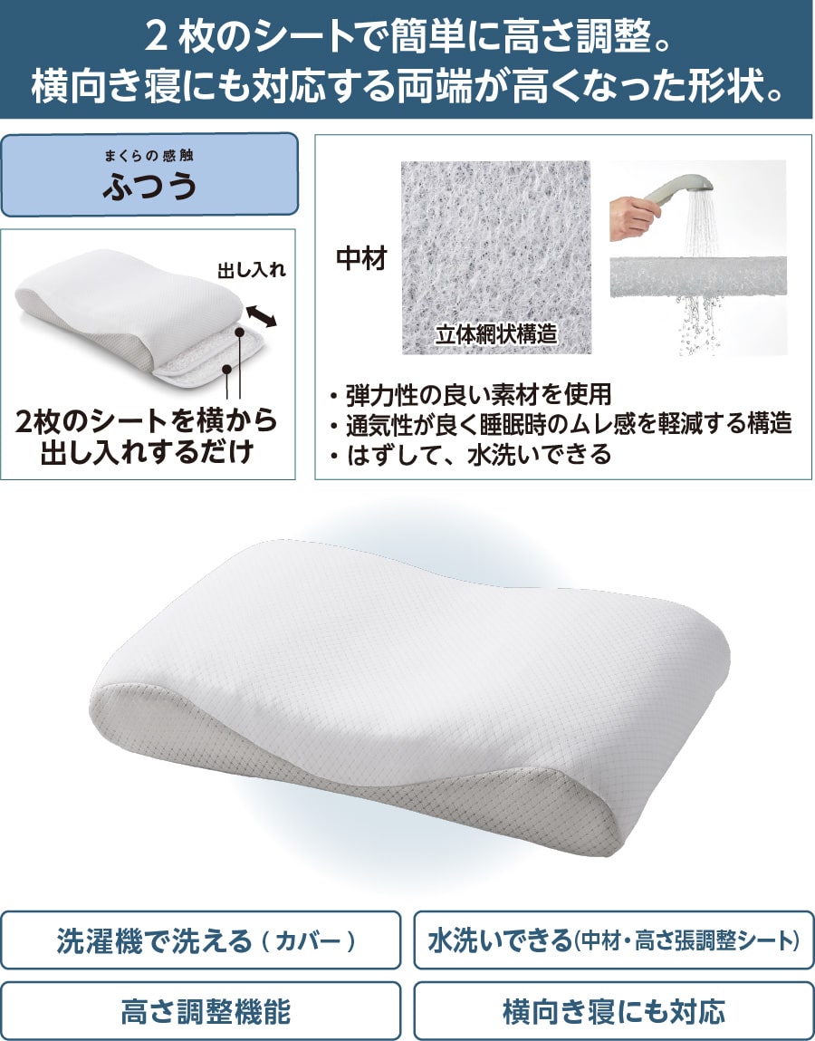 2枚のシートで簡単に高さ調整。横向き寝にも対応する両端が高くなった形状。