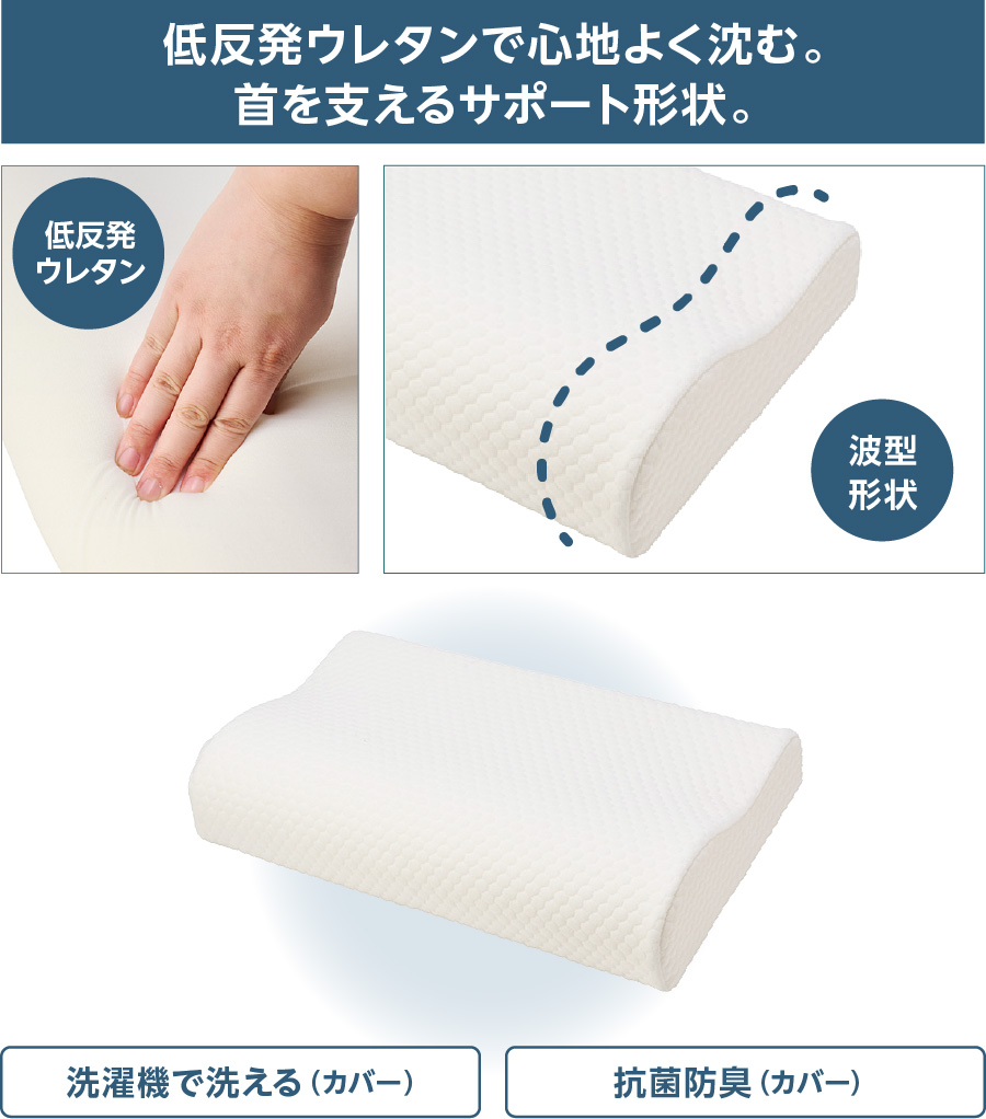 低反発ウレタンで心地よく沈む。首を支えるサポート形状。
