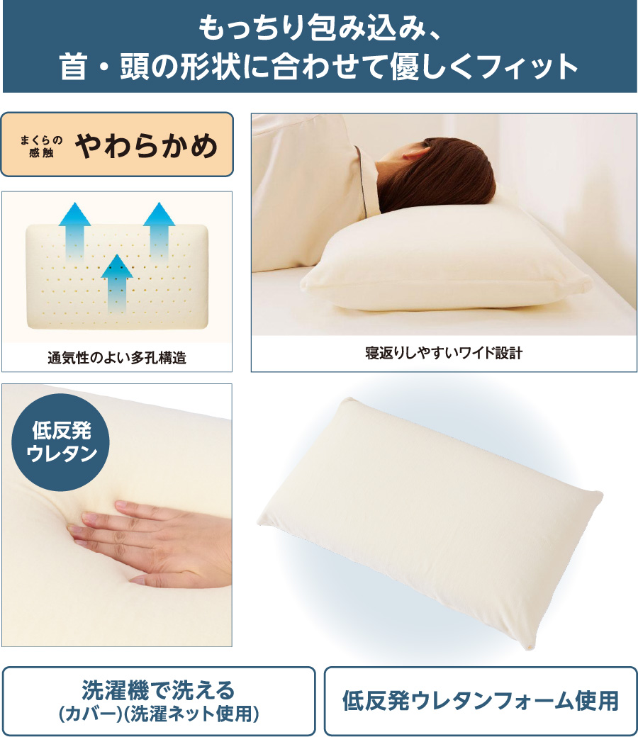 もっちり包み込み、首・頭の形状に合わせて優しくフィット