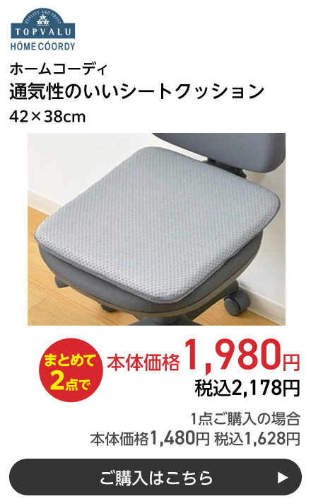 ホームコーディ 通気性のいいシートクッション 42×38cm まとめて2点で本体価格1,980円 税込2,178円 1点ご購入の場合 本体価格1,480円 税込1,628円 ご購入はこちら